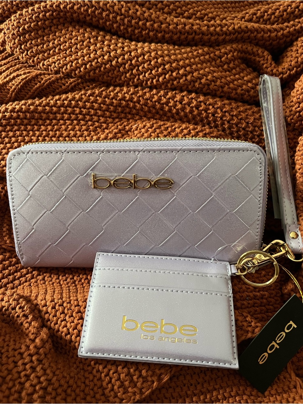 bebe Metallic Light Silver Quilted Wallet with Gold Accents